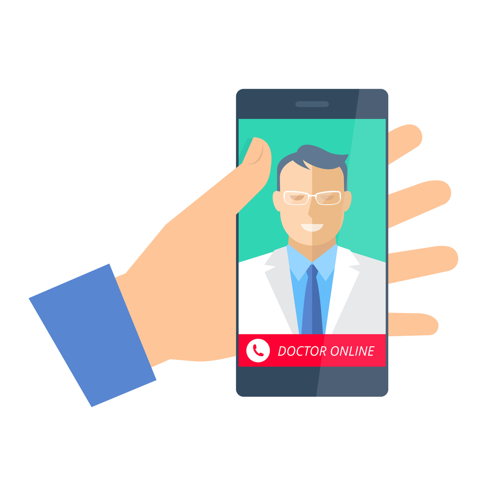 Hand holding a phone with doctor online. Telemedicine and telehealth flat concept illustration. Hand, smartphone with medic on the display.